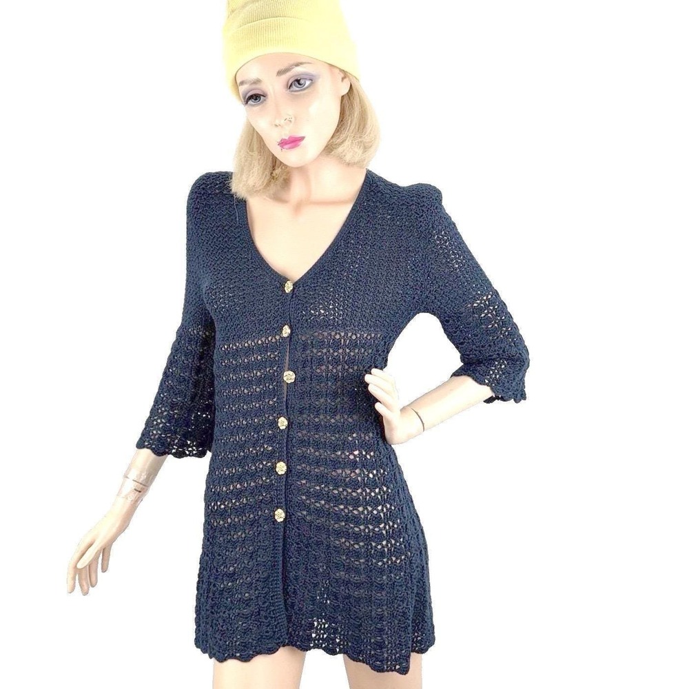Vintage Crochet Cardigan Longline Navy Blue‎ V-Neck 3/4 Sleeve Lagenlook Boho S